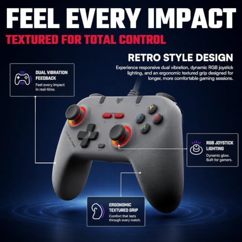 Image of EvoFox Elite S Gaming Controller for PC, 1000Hz Polling Rate, Hall Effect Joysticks, Programmable Macro Buttons, Sniper Mode, Turbo & Auto Turbo Mode, Dual Vibration, RGB Lighting, 1.8m Cable, Grey