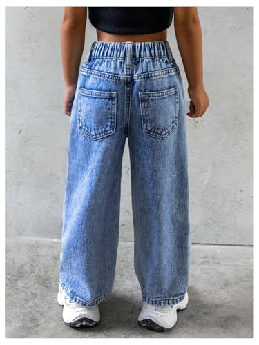 WDIRARA Toddler Girl's Ripped Straight Leg Crop Jeans Elastic Waist Denim Pants with Pockets2