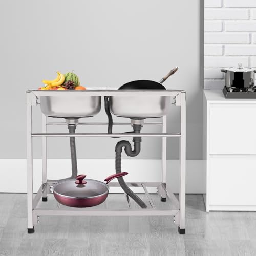 Fregadero doble comercial de acero inoxidable para cocina, fregadero de cocina independiente, fregadero versátil para restaurantes, salas de servicio, locales comerciales 32.7 17.330.3