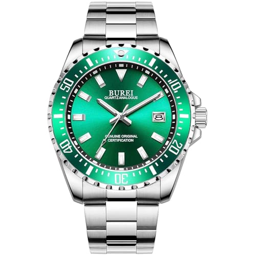 BUREI Uhr Herren Blau Edelstahl Analog Quarz Herren Armbanduhr Klassische Business Großes Zifferblatt Herrenuhr mit Datum Geschenke für Männer (grüner)