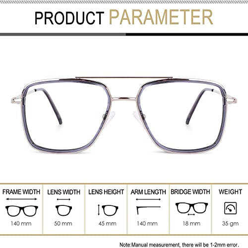 Image of CREEK Blue Light Blocking Blue Cut Zero Power anti-glare Retro Square Eyeglasses,Metal Frame for Eye Protection from UV by Computer /Mobile (With Torch and Testing Card)