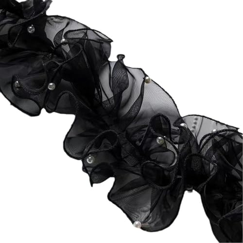 3 Yards Pearl Pleated Organza Lace Trim 4.72inch Width,Black Pearl Organza Ruffled Lace Satin for Wedding Decoration, Flower Wrapping, Dress Collar Sleeve Decoration Applique Patch DIY Sewing(Black)