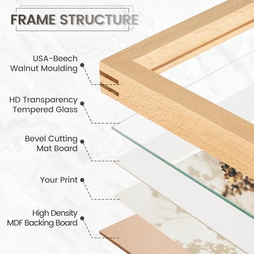 Image of 16x24 Poster Frame, USA-Sourced Natural Beech Wood Picture Collage Frame with HD Tempered Glass, Modern Simple 16 x 24 Wooden Photo Frame Matted to 12x18, Vertical & Horizontal Wall Hanging Display