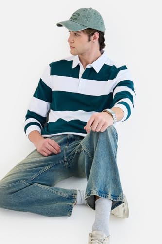 Image of SNITCH Men's Polo T-Shirt | Slim Fit Striped Pattern with Long Sleeves Breathable Cotton Fabric for Ultimate Comfort & All Day Casual Wear