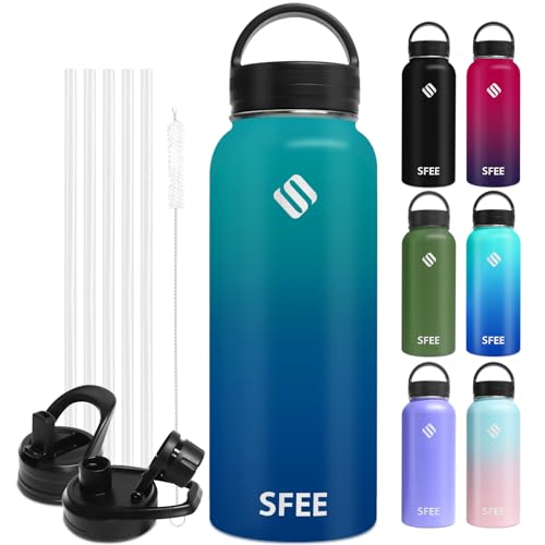 Sfee Insulated Water Bottle 32oz, Stainless Steel Water Bottle with Straw and 3 Lids, Double Wall Vacuum Metal Water Bottle Leak-Proof Wide Mouth Sports Water Flask for Travel School Gym (BDblue)