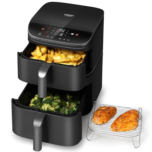COSORI Airfryer, Heißluftfritteuse 2 Kammern, 10,8 L Heissluftfritteuse, Innovative Mehrfach-Luftgeschwindigkeit, Spart 41 Prozent Platz, Inklusive Rezeptbuch und Edelstahl-Rost, Silbergrau