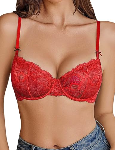 Avidlove Womens Sexy Lace Bra Sheer Underwire Unlined Balconette Everyday Bras Lingerie Red