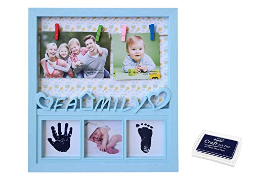GUTEINTE Kit de impresión para bebé con huella de bebé, kit para huellas de los pies y las manos de los bebés en tinta, Happy Family y Love Baby - 5FOTO azul celeste