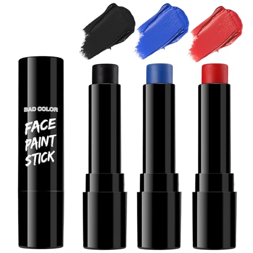 Image of BADCOLOR 3PCS Red Black Royal Blue Face Body Paint Stick Makeup for Skull Vampire Clown Joker SFX Cosplay & Dress Up, Full-Coverage Halloween Facepaint Makeup Kit