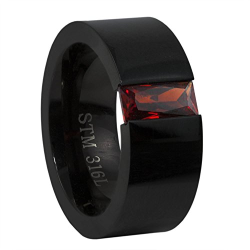 Panvisionary Stainless Steel Ring Black Squared Band Red Rectangular Floating Cz (14)