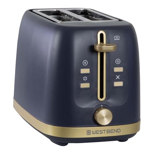 West Bend Timeless 2-Slice Toaster with 7 Browning Levels, Bagel/Waffle/Defrost Settings, High-Lift Lever, Anti-Jam, Easy-Clean Crumb Tray, 2-Slice, Blue/Gold