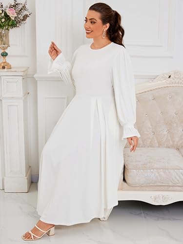 Image of Baczoe Plus Size Long Sleeve Church Dress for Curvy Women | Maxi Length, Elegant Formal Style, Flowy A-Line Shape, Two Side Pockets