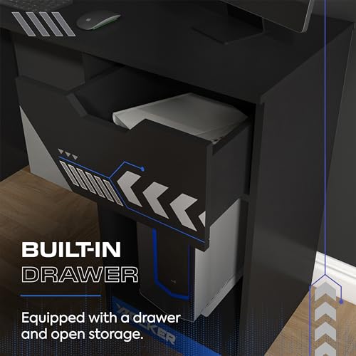 X-Rocker Octane 110cm x 40cm, Racing Gaming Desk - Built-In Drawer, Open PC Storage Shelf, eSport Inspired, Durable Wooden Frame for Kids & Teens - Black & Blue - Image 3