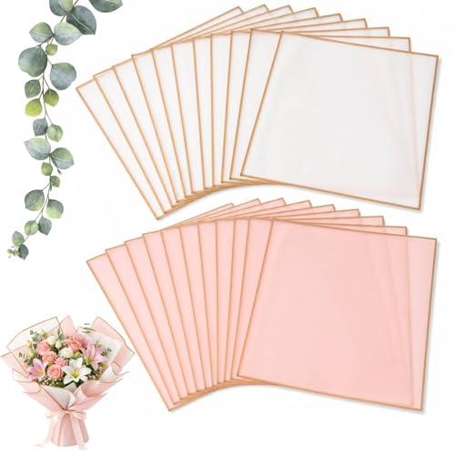OMBRISA Flower Wrapping Paper 20 Sheets Bouquet Wrapping Paper with Gold Border Waterproof Korean Florist Bouquet Paper Packaging Paper for DIY Crafts Flowers Shop Bouquet Packaging(White & Pink)