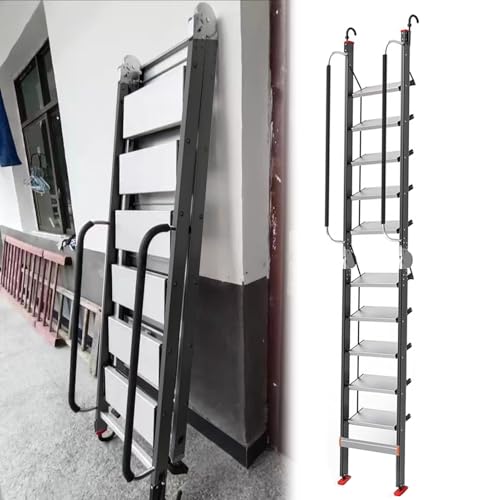 Escalera Escamoteable Escalera Plegable de Pared con Pasamanos, Escalera Telescópica de Aluminio Ajustable y Antideslizante, Escalera de Seguridad para Áticos y Garajes(12 Step-349cm (11.4ft))