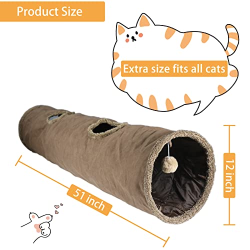 Image of Cat Tunnel for Indoor Cats, 51x12 inch Foldable Big Cat Tunnel, Brown Suede Pet Tunnels with Two Peepholes and a Bubble Ball