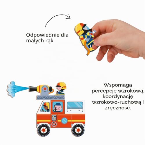 Janod - Magnetyczna książka strażacka - Magnetyczna gra edukacyjna 60 magnesów + 18 modeli - Zabawka dla dzieci z kartonu FSC - Ćwiczenia i kreatywność - od 3 lat