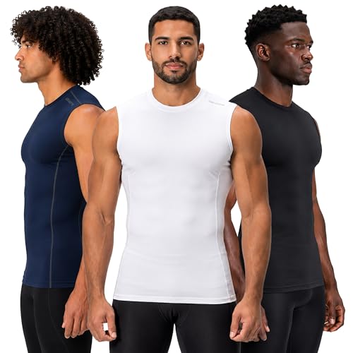 Image of DEVOPS 3 Pack Men's Athletic Compression Shirts Sleeveless | Gym Training, Running, Moisture Wicking, Compression Fit, 4-Way Stretch, UPF 50+, Sleeveless