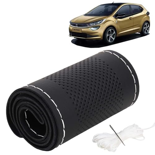 Image of KINGSWAY PU Leatherite Car Steering Cover Sewable Compatible with Tata Altroz (Year 2020 Onwards), Black Color with Silver Thread, Pack of 1 with Sewing Needle and Thread