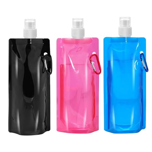 Devenirriche 3 botellas plegables de 480 ml, reutilizables, con mosquetón, bolsa de agua plegable para deportes al aire libre, ciclismo, senderismo, camping