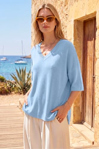 Image of Arach&Cloz Women's Wool Blend Elbow Sleeve Summer Oversized Casual Sweater | Versatile, Fall Layering Soft, Anti-pilling
