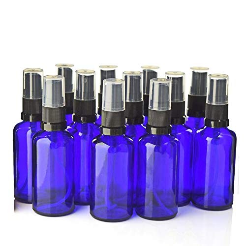 X-BAOFU 12pcs 50ml Blue Glass Spray Bottle Empty Refillable Black Fine Mist Sprayer Bottles for Essential Oils Aromatherapy Perfume