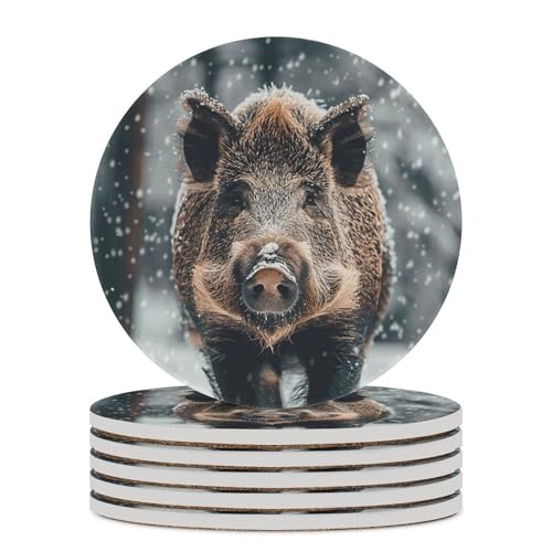 Dessous de verre en céramique sanglier lot de 6 ronds absorbants pour table basse