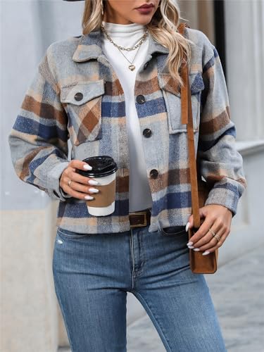 Women's Flannel Plaid Jacket Long Sleeve Button Down Cropped Shirts Business Casual Work Blouses Fashion Crop Coats3