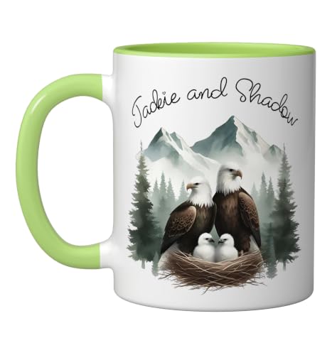Jackie and Shadow Bald Eagles Family Watercolor Ceramic Mug, Light Green/White, 11oz by Shadow and Jackie Eagle Fans - Used condition - US$14.76