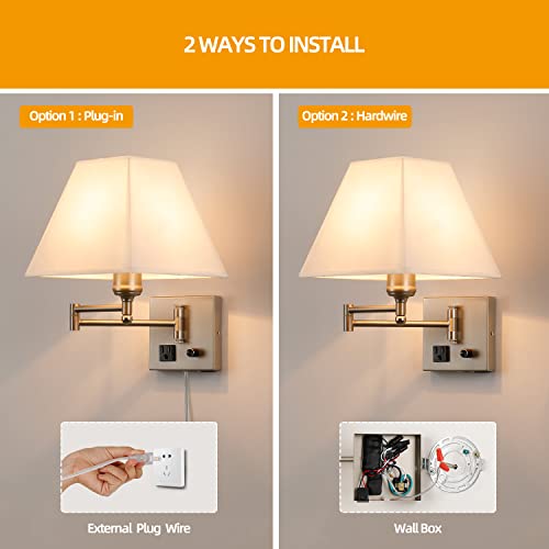 Plug in Wall Light,Swing Arm Wall Sconces with USB Port and Outlet,Wall Lamp with White Fabric Shade Dimmable Switch for Bedroom, Living Room , Office Nickel - Image 4