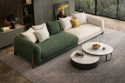 Image of Modern Sofa, Teddy Fabric, Chesterfield Style, Wooden Legs, for Living Room, Bedroom, Hallways (Green+Off White Combo, 3 Seater)