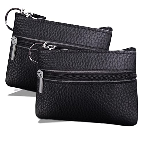 2PCS Leather Coin Purse for Men, Small Zipper Coin Pouch, Premium Car Change Holder for Cash Wallet as Money Pouch, Dice Bag, Coin Holder (2PCS Black Leather)
