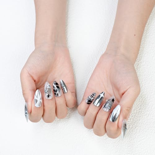Sun&Beam Nails Handmade Press-on Medium Amlond Black Silver Brown Rhinestone Star Ombre Design Fashion False Nail Tips 10 Pcs Set (#186 M) - Image 2