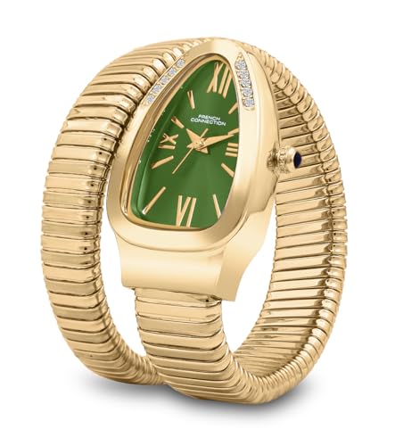 Image of French Connection Eternelle Curve | Green Dial with Rose Gold Case | Flexible Wrap Bracelet Strap | Crystal Accent Design | Roman Numerals Analog Watch for Women - FCN0142NGM