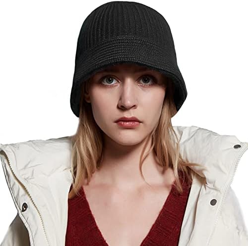 HEYANN Knitted Bucket Hat 100% Pure Wool for Women Headwear Warm Cute Hat Autumn Winter Spring (Black)
