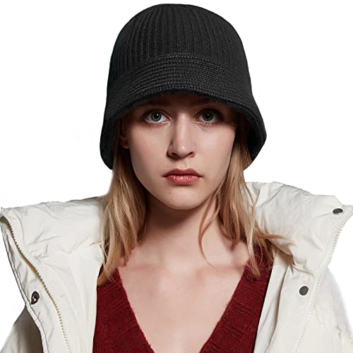 Heyann Knitted Bucket Hat 100% Pure Wool For Women Headwear Warm Cute Hat Autumn Winter Spring (Black) #TOP2