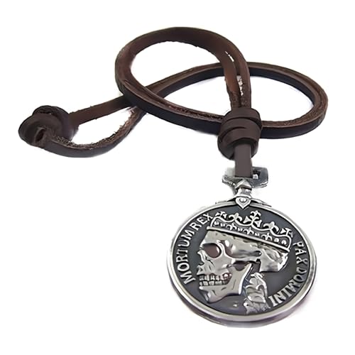 Classic Coin Brown Leather Pendant Necklace Skull Steampunk Chunky Pendants Jewelry for Men4