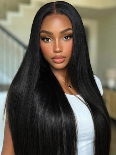 KLAIYI Silky Straight Pre Everything Glueless Precut 13x4 Lace Front Wigs Human Hair Drawstring Pre Plucked Bleached Bye Bye Knots 30S Ready to Wear and Go Wigs for Black Women Natural Hairline 28Inch