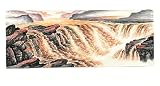 Original Hand Painted Feng Shui Red Mountain Waterfall Canvas Art, Frameless Asian Ink Painting with Pine...