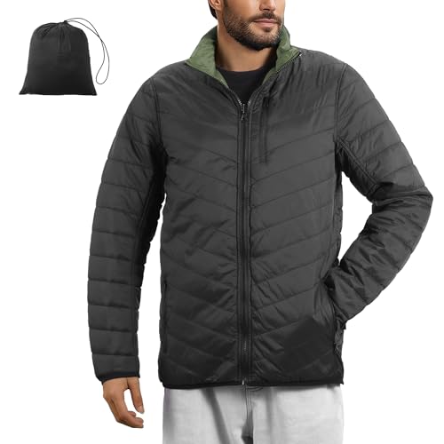 JEMIDI Chaqueta Acolchada Hombre - Plumifero Ultraligero Hombre Reversible - Cazadora Ligera Hombre Impermeable 5 Bolsillos Cremallera - Con Bolsa de Transporte - Negro/Verde