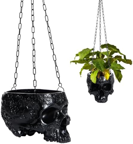 41SFOq0XEpL._AC_ GUTE Hanging Skeleton Planter and Halloween Candy Bowl, Skull Flower Pot with Metal Chain and Hook, 6 Inch Tall, Scary Skulls, Houseplants and Servers, Succulent Plants,