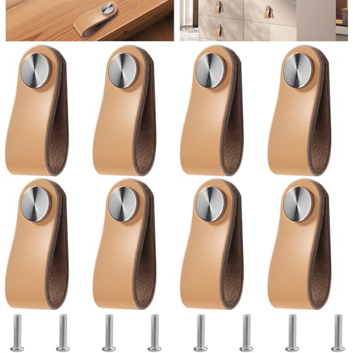 Dtoterul - Dtoterul 8 Pièces Poignée Meuble Cuir Beige, Bouton Porte Placard Poignee Cuir Bouton de Tiroir, Poignee de Meuble Vintage pour Armoires, Commode, Cuisine, Salle de Bain