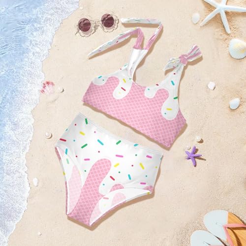 QUGRL Ice Cream with Waffle Girls Bikini Beach Swimwear Pink Kawaii Kids 2 Piece Swimsuits Sport Tankini Hawaiian Bathing Suit 9-10 Years4