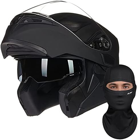 ILM Motorcycle Dual Visor Flip up Modular Full Face Helmet (XL, Matte Black) and Ski Balaclava Face Mask