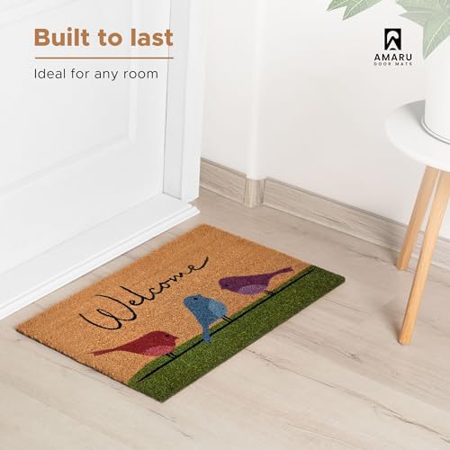 Colorful Birds - 17"x29" - Coir Door Mat with Heavy Duty Backing - Welcome Mats for Entryway, Porch - Anti-Slip PVC & Coconut Fiber Surface - Natural Home Accessories, Minimalist Original Design