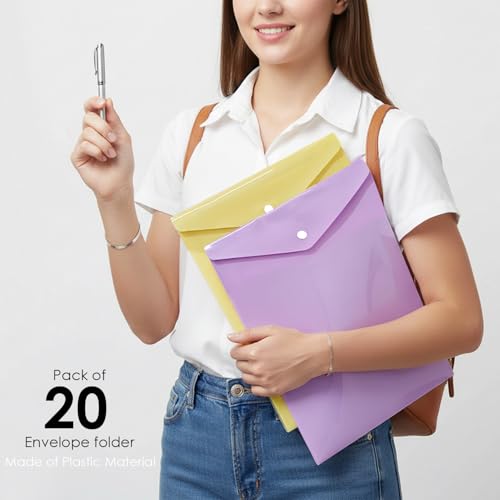 Image of Shuban A4 Plastic File Folder Document Organizer, Plastic File Holder with Snap Button, Waterproof Certificate Folder for Office, School, Home (Style-2-Plain Folder - 20 Pcs -Multi Color)