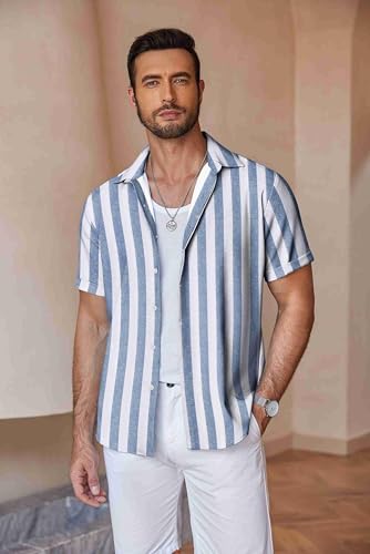Image of COOFANDY Men's Linen Shirts Short Sleeve Casual Shirts Button Down Shirt for Men Beach Summer Wedding Shirt