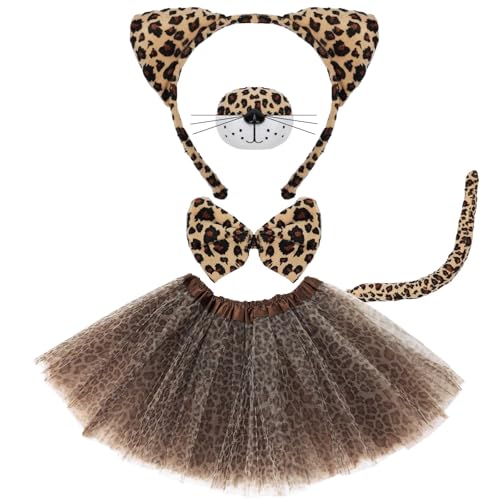 Mototo 5 PCS Leopard Costume Accessories Set Cheetah Ears Headband Cheetah Costume with Tail Bow Tie Animal Ears Headband with Tutu Skirt for Kids Halloween Cosplay Dress Up Birthday Party