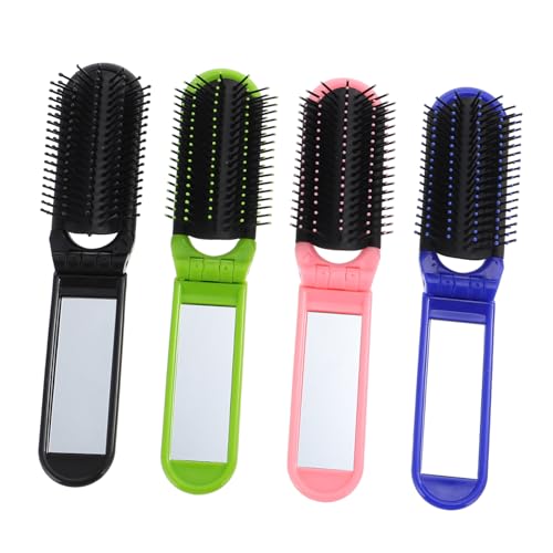 ERINGOGO 4個 折りたたみ式携帯用ミニヘアブラシ 鏡付き 軽量コンパクト設計 旅行や外出時に 収納簡単 エルゴ ックハンドルで使いやすい
