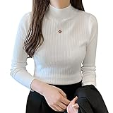 [PALAME] リブニット セーター レディース 秋冬 【大人め高級魅力・華奢見え・ハイネック】 重ね着に便利 着回し力 ニットソー カットソー トップス ニット 縦リブ 着痩せ 小顔 柔らかい 高伸缩 薄手 無地 長袖 カジュアル シンプル 春秋 冬 (ホワイト)